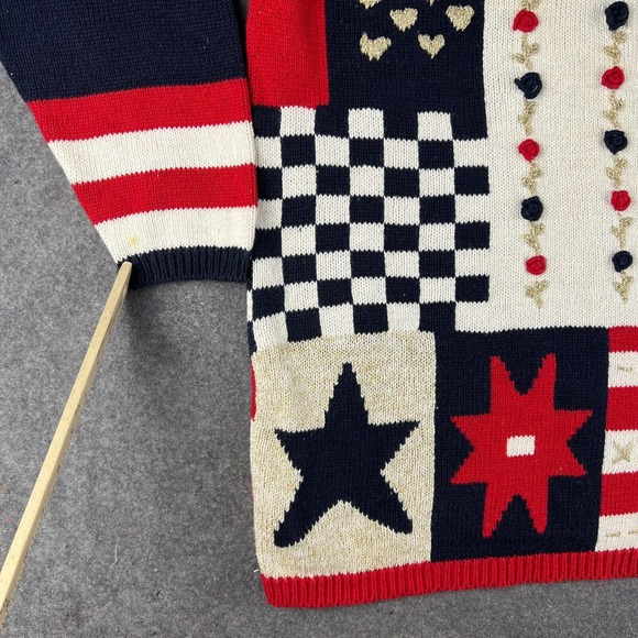 Vintage Hunters Run Sweater Womens Medium Patchwork Americana USA Flag Grandma - Picture 2 of 16